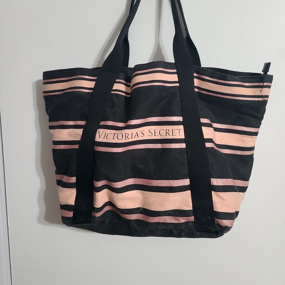 EUC Victorias Secret Pink Black Striped Tote Bag